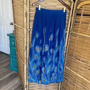 Boho Peacock Feather Maxi Skirt Rayon Blue Sequin Festival Free Size